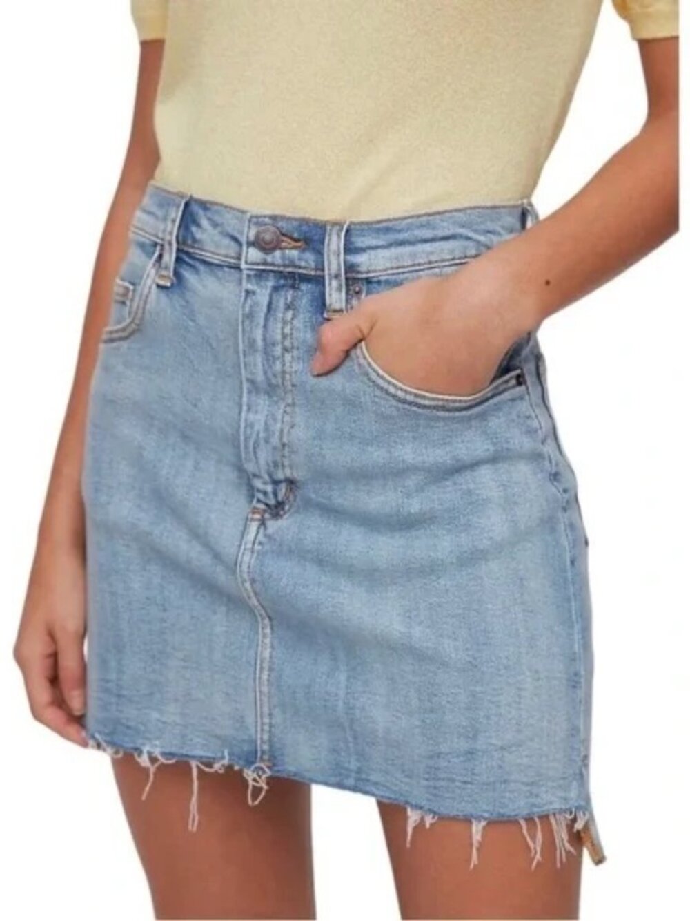 Aritzia Wilfred Denim Mini Skirt Size 0 High Waist Raw Hem Light Wash Y2K